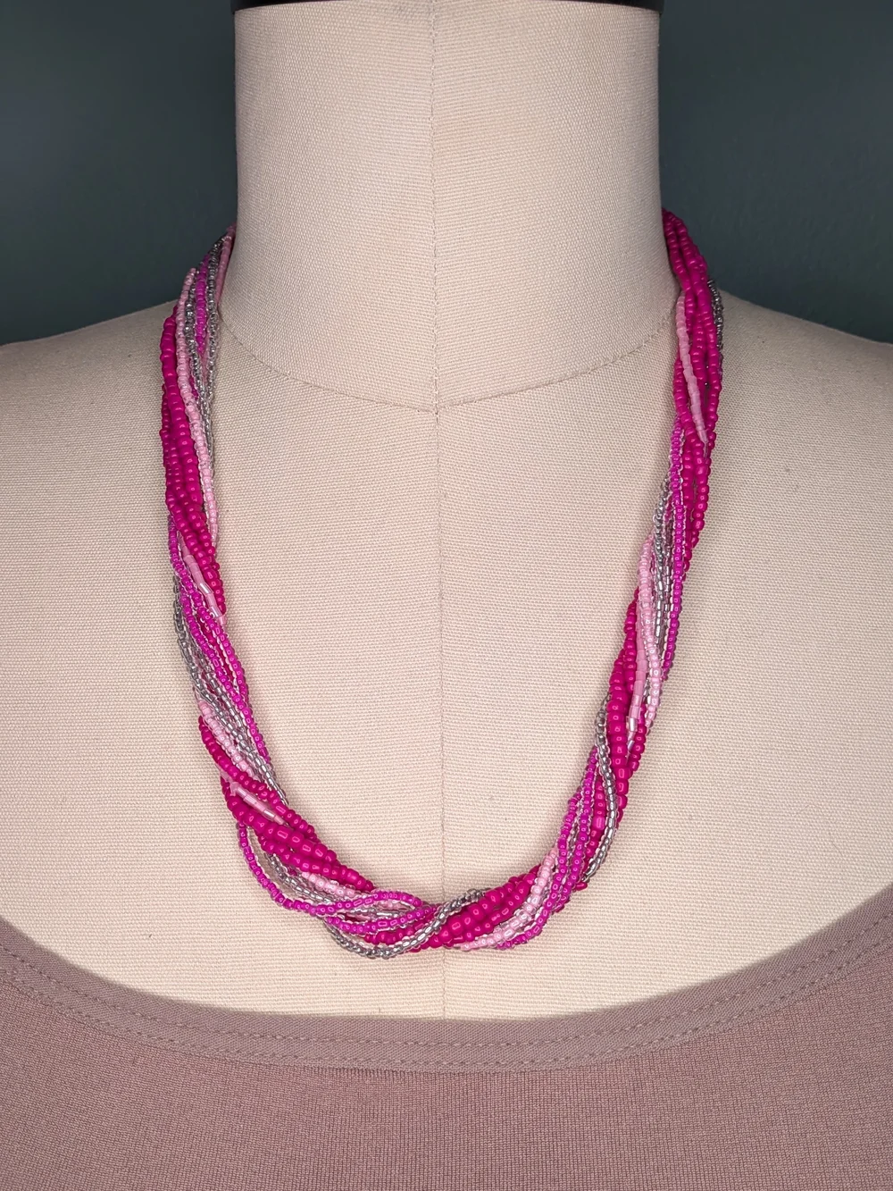 CORI Pink Silver Twisted Multi Strand Seed Bead Torsade Necklace Barbiecore